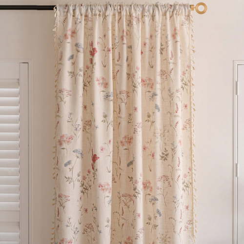 Seasonwood Floral Curtains for Living Room Bedroom, Semi-Blackout Linen Rod Pocket Curtains,Beige,52" x 63"