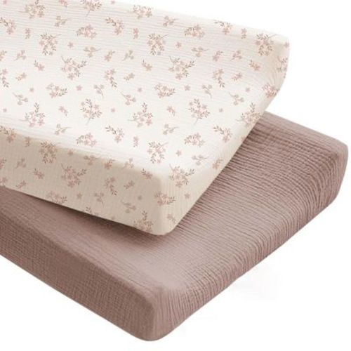 LISM 2 Pack Changing Pad Covers Cotton Nursery Diaper Changing Pad Sheets, Soft Blooms+Taupe