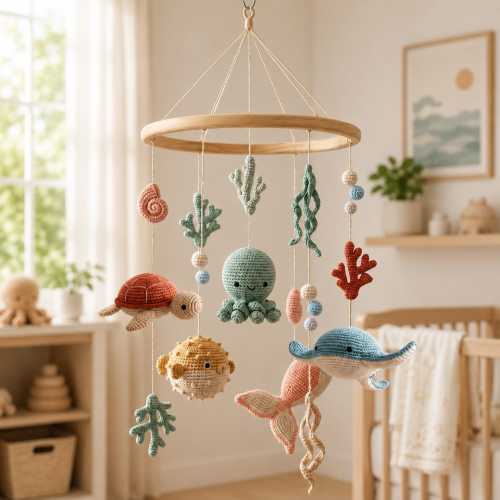 Handmade Ocean Theme Baby Mobile, Ocean Crochet Baby Mobile ,Handmade Pastel Felt Sea Animals Nursery Decor , Personalized Baby Shower Gift