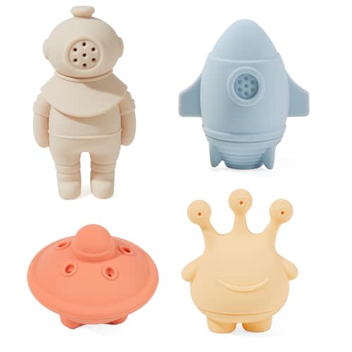 AMCHSURI Silicone Bath Toys 6M+, 4 Pack Space Squeeze Bath Toys for Babies | Splits Apart for Quick Dishwasher Cleaning, Soft Easy-Grip, Squeeze, Sensory Play for Bath Time, Fun Gift Set for Little Ones