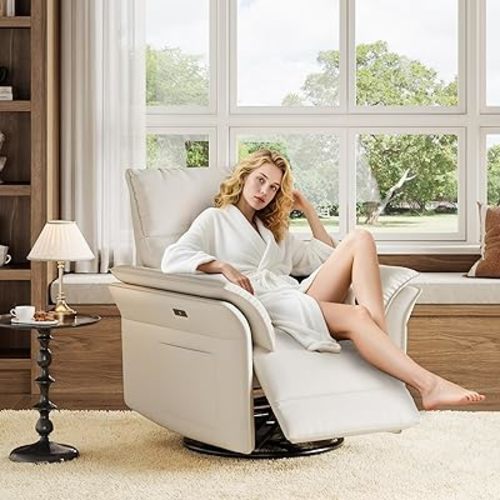 GarveeHome Recliner Chair, 360° Swivel Rocker Glider Nursery Chair with Padded Armrest and Deep Seat, PU Leather Upholstered Reclining Sofa Chair for Living Room, Bedroom and Nursery (Off White)