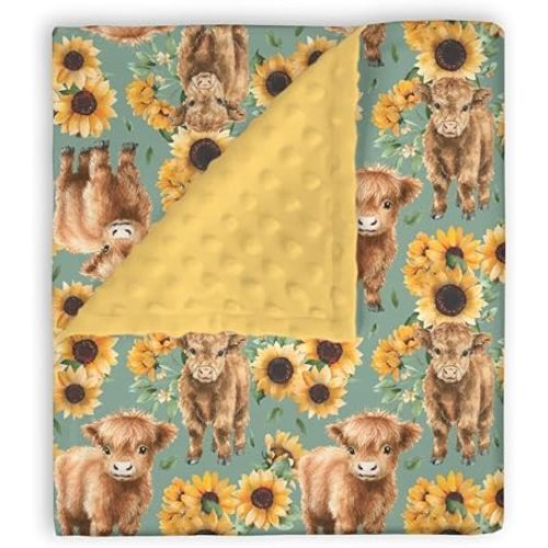Mink Baby Girls Blankets Highland Cow Sunflower, Western Cowgirl Calf Flower Soft Double Layer Dotted Backing Receiving Swaddle, Newborn Infant Toddler Nursery Crib Bedding Shower Gift 30 x 40
