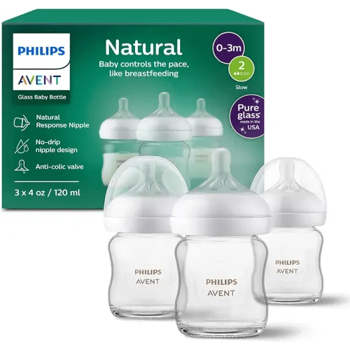 Philips Avent Natural Glass Baby Bottles with Natural Response Nipples (Slow Flow, Flow 2), 4oz, 3-pack, SCY910/03