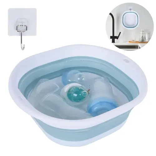 Wash Basin for Baby Bottles - Collapsible Wash Basin for Baby Bottles, Baby Bottle Tub for Sink, Reusable Baby Bottle Sink Basket for Home and Travel - (with Hook)