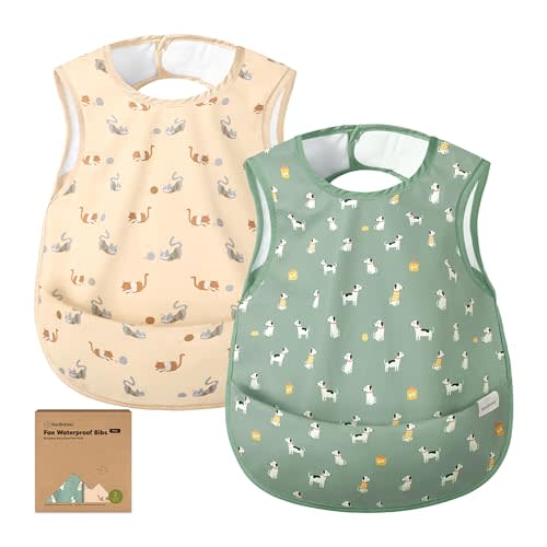 KeaBabies Waterproof Bibs for Baby Girl,Boy – 2-Pack Lightweight, Large Baby Bibs for Eating, Wearable Food Catcher, 6-12 Months Infant Feeding Essentials, Smock for Toddlers 1-3, Kids (Pets & Paws)
