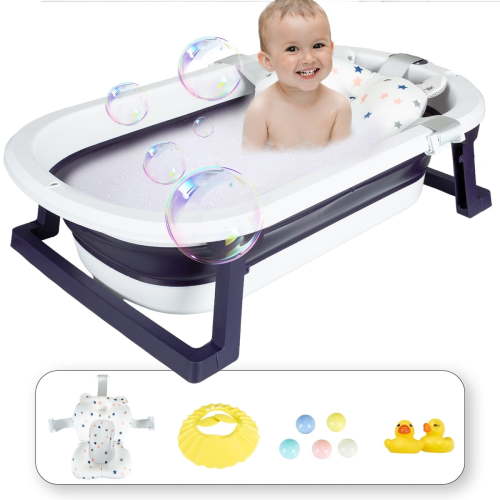 ANJORALA Foldable Baby Bath Tub with Toys, Portable Newborn Infant Bathtub, Blue+Floating Mat