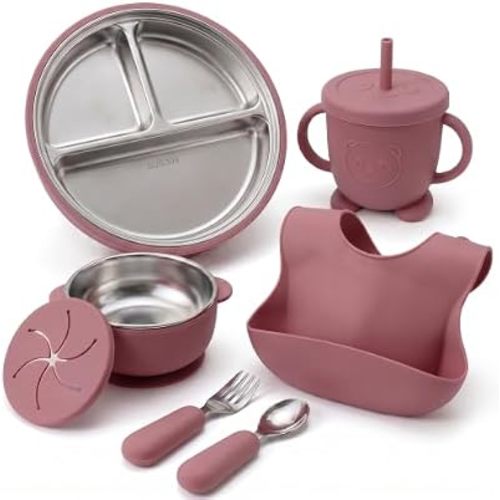 Stainless Steel & Silicone Toddler Feeding Set, 7 Piece Kids Dinnerware with Divided Plate, Bowl, Training Cup with Straw, Bib, Fork and Spoon, BPA‑Free, Food‑Grade for Children (Color Red)