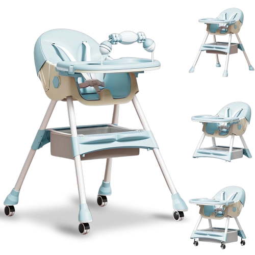 BEJOLO Baby High Chair, 4-in-1 Foldable Highchair Dining Feeding Chair with Double Dining Plate & Toy Rack, Infant to Toddler, Mint Blue
