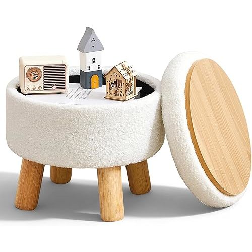 FIMIVIBI Small Ottoman with Storage, Small Storage Ottoman Round, Sherpa Foot Stool with Legs, Ottomans and Footstools for Living Room and Entryway (White)