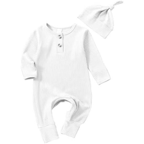 Infant Boys Girls Clothes Set Newborn Baby Romper Hat Ribbed Knit Long Sleeve Button Solid Bodysuit Jumpsuit