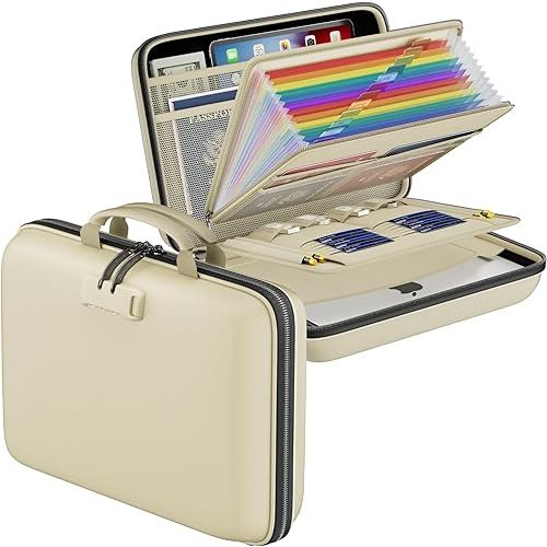 DocSafe Fireproof File Organizer with Lock, Hard-Shell Case Fireproof Document Box with 13 Pocket Accordion File Folder, Portable Home Office Travel Safe Storage for Important Documents Laptop Beige