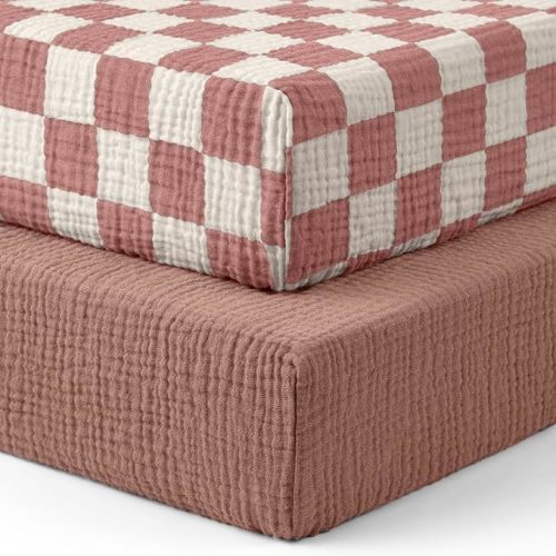 Blissful Diary Muslin Crib Sheets for Girl Boy, Boho Neutral Soft Cotton Baby Sheet for 52''x28'' Standard Crib Mattress, 2 Pack(Dusty Pink Checkboard & Dusty Pink)