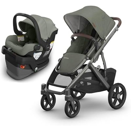 UPPAbaby Vista V3 Stroller + Mesa V3 Car Seat Travel System Combo – Toddler Seat, Bumper Bar, Bug and Rain Shields, Car Seat Base, and Infant Insert Included – Evelyn (Meadow Green)