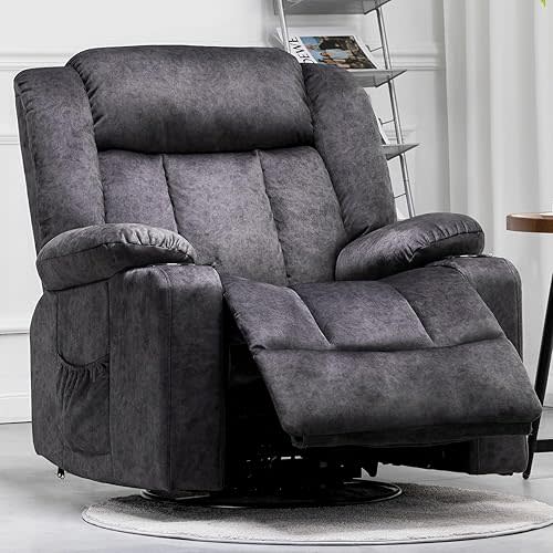 COMHOMA Recliner Chair,360° Swivel Rocker Glider Recliners with Cup Holders, Upholstered Fabric Rocking Chair for Adults,Manual Reclining Single Sofa for Living Room,Gray