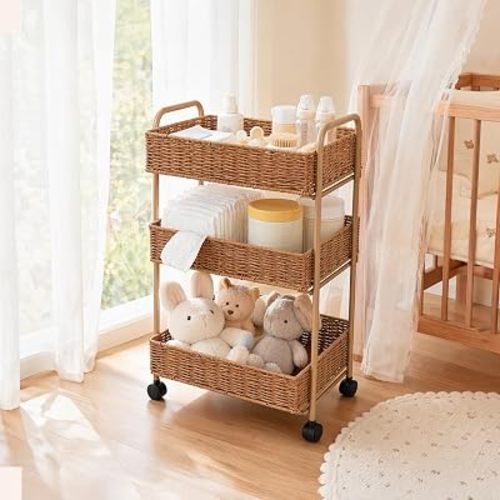 FOCHIER F Utility Storage Cart,3-Tier Rolling Kitchen Office Laundry Room Cart with Wheels,Mobile Shelving Unit Organizer for Living Room,Bathroom, Baby Diaper Cart,Art,Dining Room Narrow Places