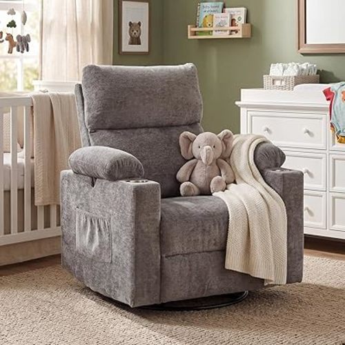 Glider Recliner Nursery Chair with Adjustable Armrests, Rocking Chair Nursery with Massage and Heat, Power Swivel Rocker Recliner with Adjustable Headrest, Chenille, Dark Grey