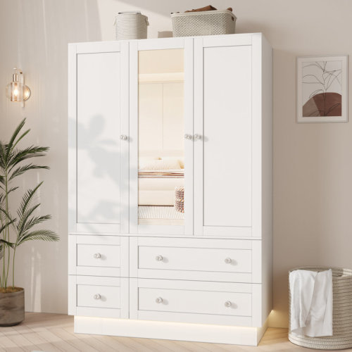 Lark Manor™ Armoire Wardrobe Closet With Mirror And Led Light, 3 Door Wooden Storage Cabinet With Drawers, Hanging Rod And Storage Compartment & Reviews | Wayfair