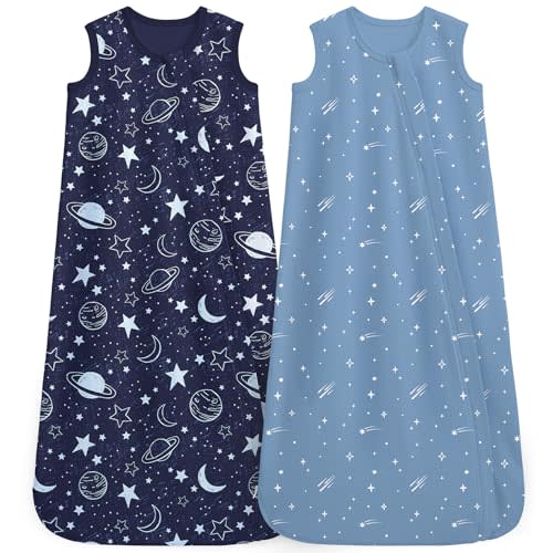 Unnivoll Baby Sleep Sack 0-6 Months 0.5 Tog Baby Wearable Blanket 100% Cotton Sleeping Sack with 2-Way Zipper for Newborn Infant Dark Blue Planet