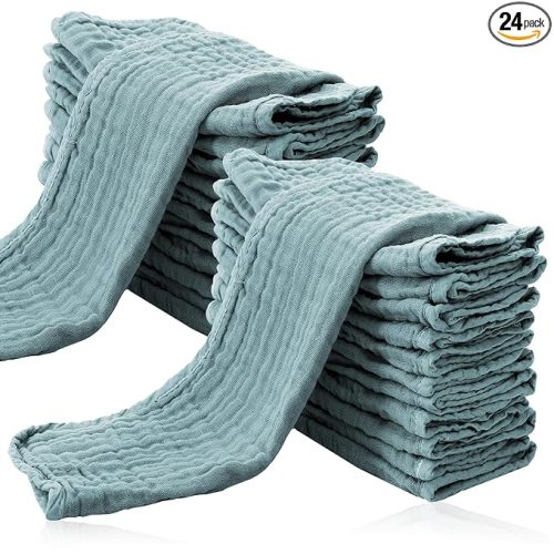 Cute Castle 24 Pack Muslin Burp Cloths for Baby - Ultra-Soft 100% Cotton Baby Washcloths - Large 20'' by 10'' Super Absorbent Milk Spit Up Rags - Burpy Cloths for Unisex, Boy, Girl -Dark Green