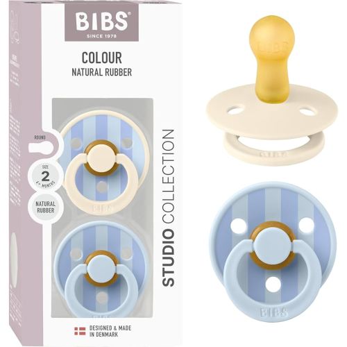 BIBS Pacifiers - Studio 2 Pack | Round Nipple Baby Pacifier | BPA Free Natural Rubber Latex Soother | Made in Denmark | Size 6+ Months | Block Baby Blue Dusty Blue