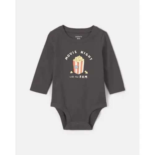 Baby 'Movie Night With The Fam' Popcorn Long-Sleeve Graphic Bodysuit - Black | Carter's