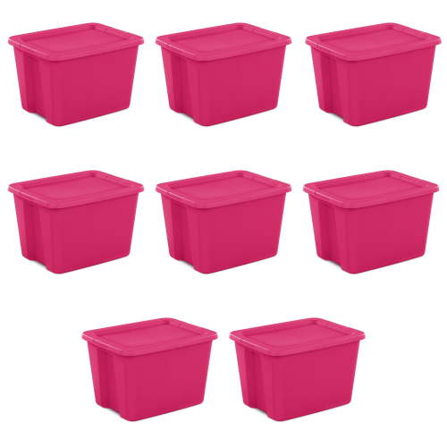 Sterilite Large Storage Bin, 18 Gallon Plastic Storage Tote with Snap-On Lid, Pink, 8 Pack