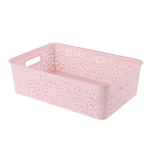 QJUHUNG Stackable Plastic Storage Box Hollow Out Delicate Retro Pattern Storage Basket for Clothes Cosmetics Papers Toys - Large Size(Pink)