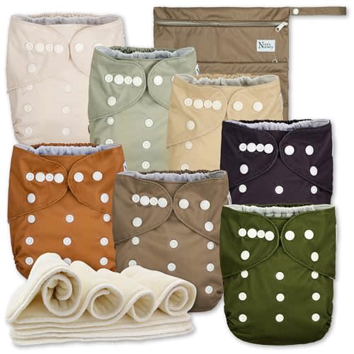 Nora's Nursery Adjustable AWJ Cloth Diapers | 7 Pack | Waterproof | Washable Reusable Design | One Size Adjustable | 7 Pack With 1 Wet Bag | For Newborns And Toddlers | Down To Earth