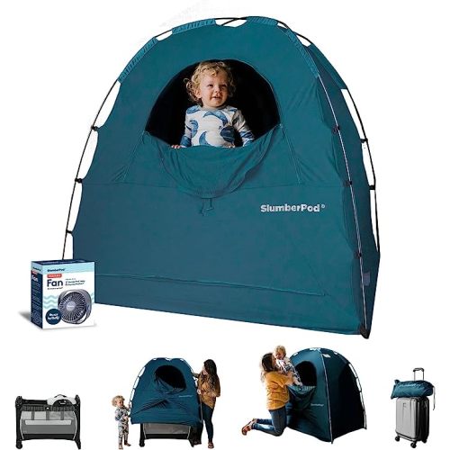 SlumberPod The Original Blackout Sleep Tent Travel Essential for Baby and Toddlers, Mini Crib and Pack n Play Cover, Sleep Pod with Monitor Pouch and Fan Pouch (Includes Fan), Blocks 95%+ Light, Teal - Teal 3.0 - Combo (With Fan)