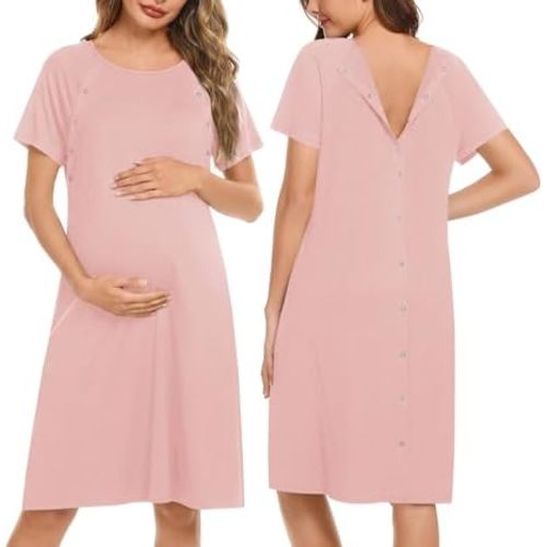 Ekouaer Womens Nursing/Delivery/Labor/Hospital Nightdress Short Sleeve Maternity Nightgown with Button S-XXL