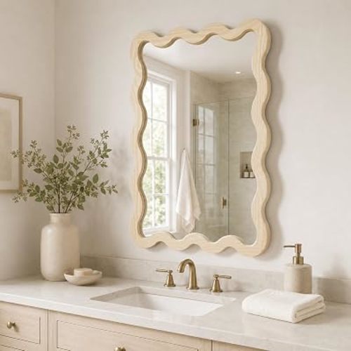 24x36 Natural Wavy Bathroom Wall Mirror, Solid Wood Scalloped Frame