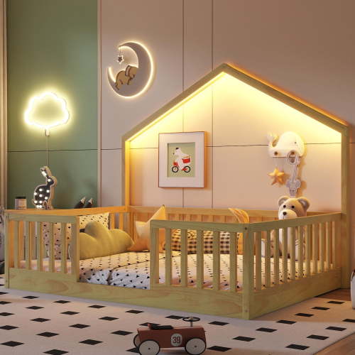 Full Size Montessori Floor Bed with High Rails, Wood House Beds Frame with LED Light, Low Profile Montessori Bed Full with Slats for Kids, Easy to Assembly, Full bed frames Natural