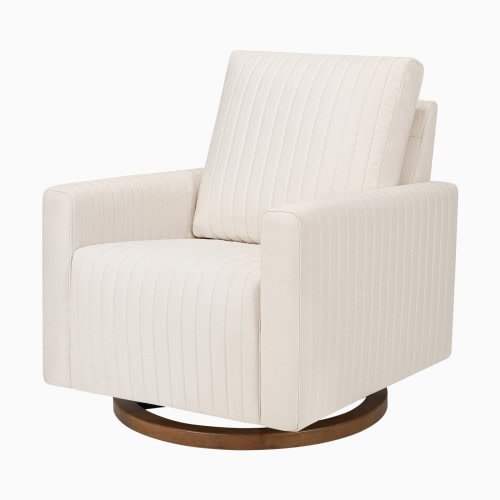 babyletto Poe Channeled Swivel Glider - Performance Cream Eco-Weave With Dark Wood Base