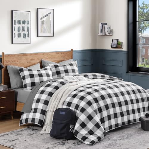 Andency Black Grey White Plaid Comforter Set Queen Size (90x90 Inch), 3 Pieces (1 Gingham Comforter and 2 Pillowcases), Summer Lightweight Microfiber Buffalo Check Down Alternative Comforter Set