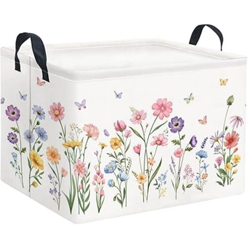 Rectangular Storage Basket Waterproof Storage Bin for Bedroom Collapsible Bin Books Box Basket Room Decor(Spring Flower)