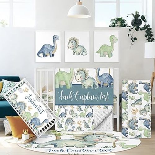 Personalized Baby Crib Bedding Set with Name, 5 Pcs Dinosaur Crib Bedding Set for Boys Girls, Double Layer Nursery Crib Set for Infant Toddlers, Ideal Gift for Newborns Kids New Parents