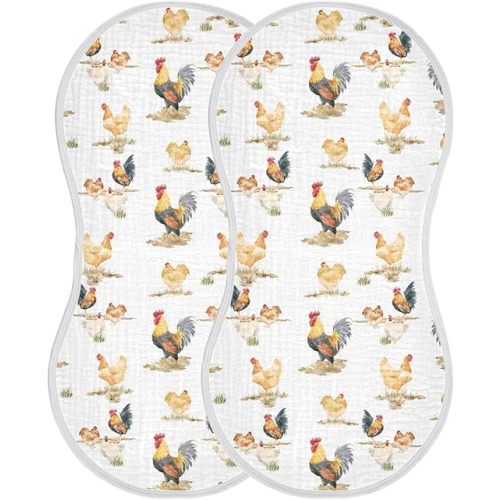 Muslin Burp Cloths for Baby Boys and Girls - 2-Pack Ultra Absorbent Rustic Retro Chickens Rooster Muslin Washcloths, Newborn Towel, Milk Spit Up Rags, Burp Cloth Bibs for Unisex, 22 x 11 Inch