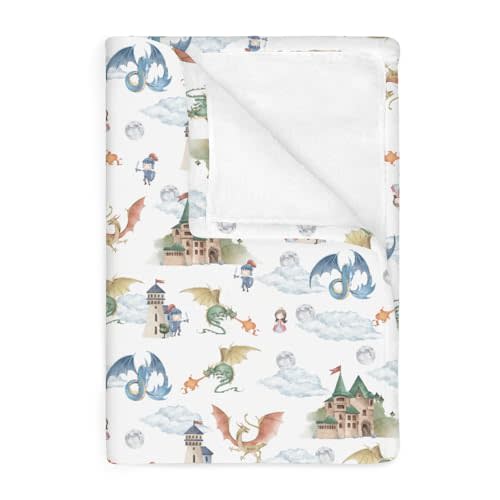 Fairytale Dragon and Knights Baby Blankets for Boy Girl Fantasy Dragons Princess Castle Soft Flannel Nursery Bed Blankets for Infant Toddler Crib Stroller Moon Clouds Swaddle Receiving Blanket 50x60