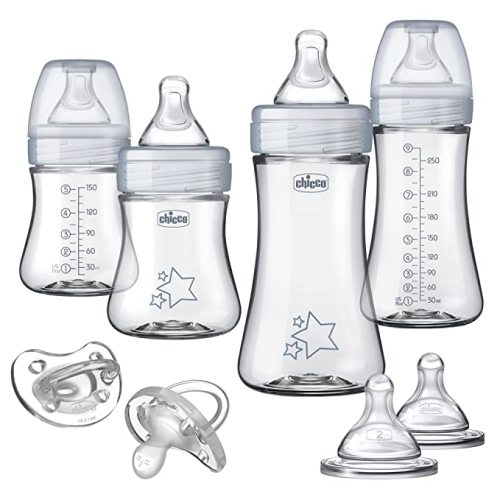 Chicco Duo Newborn Hybrid Baby Bottle Starter Gift Set with Invinci-Glass Inside and Plastic Outside | Dishwasher, Bottle Warmer, and Electric Sterilizer Safe | Intui-Latch Nipple | Clear/Grey