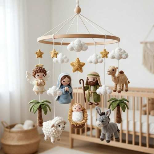 Crochet Nativity Baby Mobile, Holy Family Crib Decor, Christian Nursery Gift