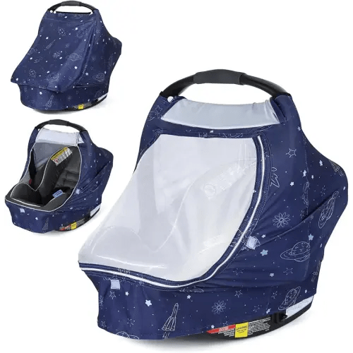 Orzbow Baby Car Seat Cover, Breathable Car Seat Canopy for Girls Boys with Mesh Window, Lightweight Baby Carrier Cover for Wind, Dust, Sun and Insects Protection, Universal Fit, Dark Blue