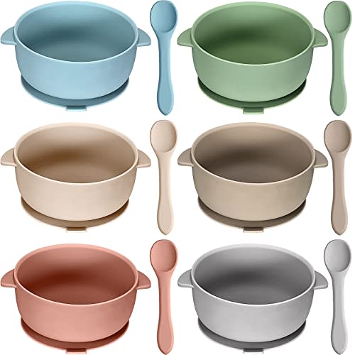 Pinkunn 6 Set Baby Silicone Suction Bowls with Spoons BPA Free Baby Led Weaning Food Bowl Food Grade Toddler Food Storage Bowl Dishwasher Microwave Safe Feeding Set (Light Color)