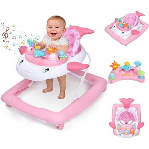 Baby Walker with Wheels, Music and Lights Foldable Baby Walker, 3 Adjustable Heights, Activity Walker for Baby Boy and Girl 6-18 Months, Pink Print