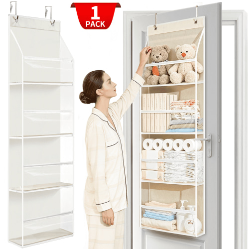 VOZOGO 1 Pack Over Door Organizer with 4 Large Pockets, 60 lbs Weight Capacity Hanging Storage Organizer with Clear Window Kids Toys, Shoes, Diapers,Off-white