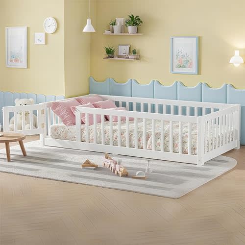 Bellemave Montessori Twin Floor Bed Frame with Fence and Removable Door, Low Profile Twin Size Montessori Bed Frame for Kids, Solid Wooden Floor Beds for Bedroom,Nursery, White