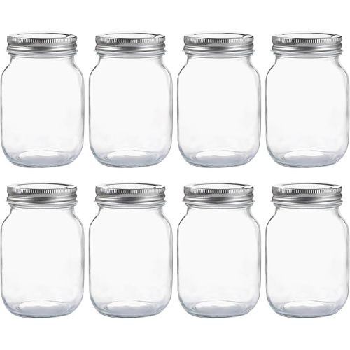 Glass Regular Mouth Mason Jars, 16 oz Clear Glass Jars with Silver Metal Lids for Sealing, Canning Jars for Food Storage, Overnight Oats, Dry Food, Snacks, Candies, DIY Projects (8PACK)