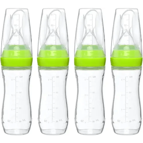 Silicone Baby Food Dispenser Spoon - Mess-Free Flow with Baby Food Dispenser - Precise Serving with Squeeze Feeding Spoon - Soft Silicone Feeder for Teething Infants - Green, Pack of 4