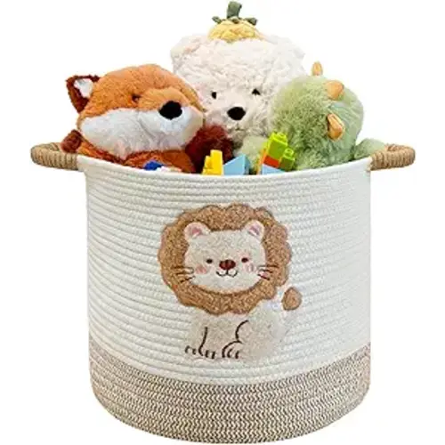 Toy Storage Basket(12"x12"), blanket basket, Cotton Rope Woven Laundry Hamper with Cute Embroidered Lions for Nursery, Living Room, Laundry (Lion)