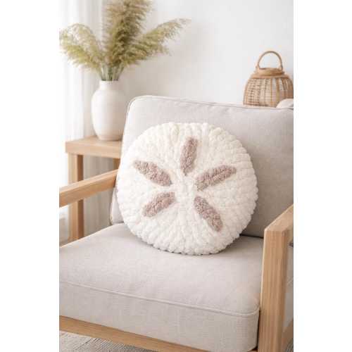 Chunky Knit Sand Dollar Pillow | Coastal Plush Decor | Beach House Accent Chenille Cushion