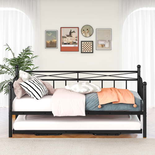 PAPROOS Twin Metal Daybed with Pop Up Trundle Bed, Heavy-Duty Steel Daybed for Bedroom Living Room, Modern Twin Size Daybed Frame with Adjustable Trundle, No Box Spring Needed, Black